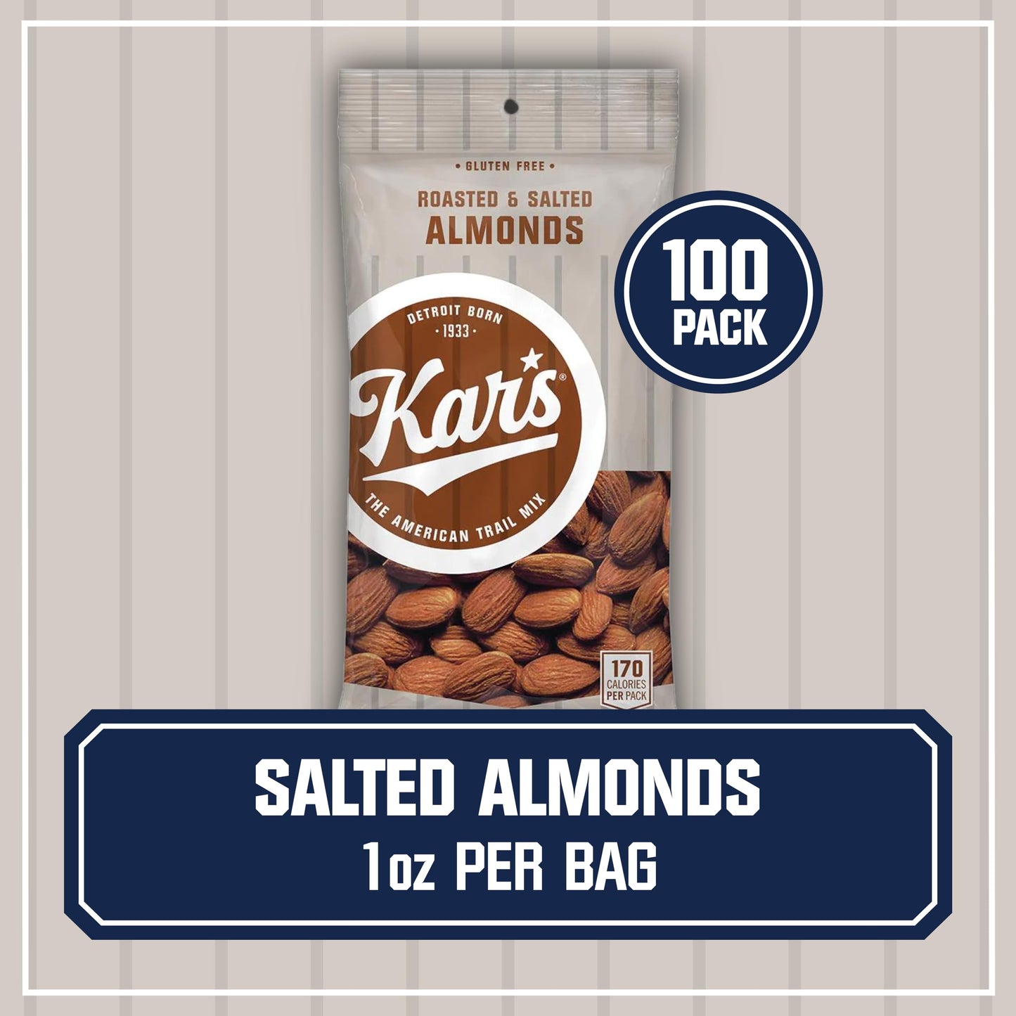 Kars Nuts Roasted & Salted Almonds, 1 oz Individual Snack Packs - Bulk Pack of 100, Gluten-Free Snacks