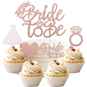 ZHUOWEISM Bride to Be Cupcake Toppers, 25 PCS Rose Gold Glitter Cake Decorations, Small Bamboo Picks for Bridal Shower and Bachelorette Party