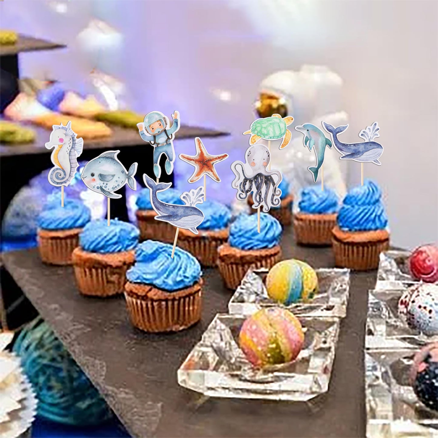 Rssta i Cupcake Toppers - 32 Pack Ocean Sea Animal Toothpicks Decorations, Design 7, Paper
