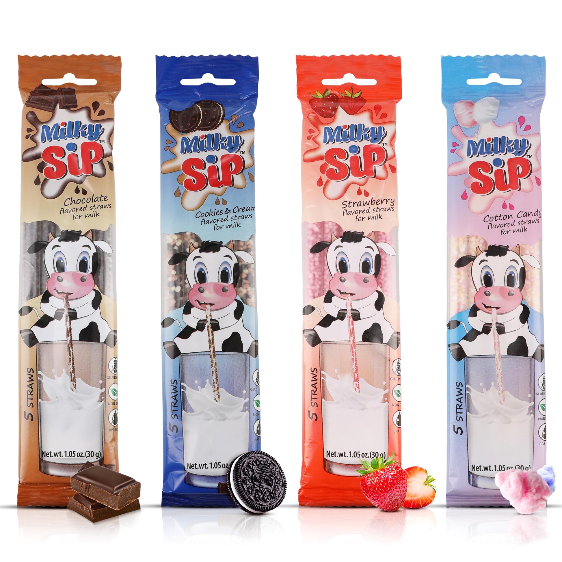Milky Sip Magical Milk Straws - 4 Pack Bundle of Flavored Straws for Milk, Chocolate, Strawberry, Cotton Candy, Cookies & Cream,