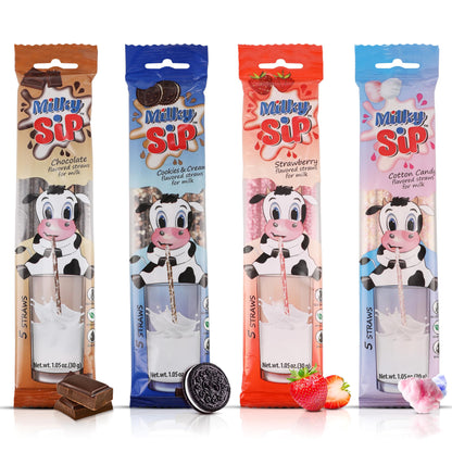 Milky Sip Magical Milk Straws - 4 Pack Bundle of Flavored Straws for Milk, Chocolate, Strawberry, Cotton Candy, Cookies & Cream,
