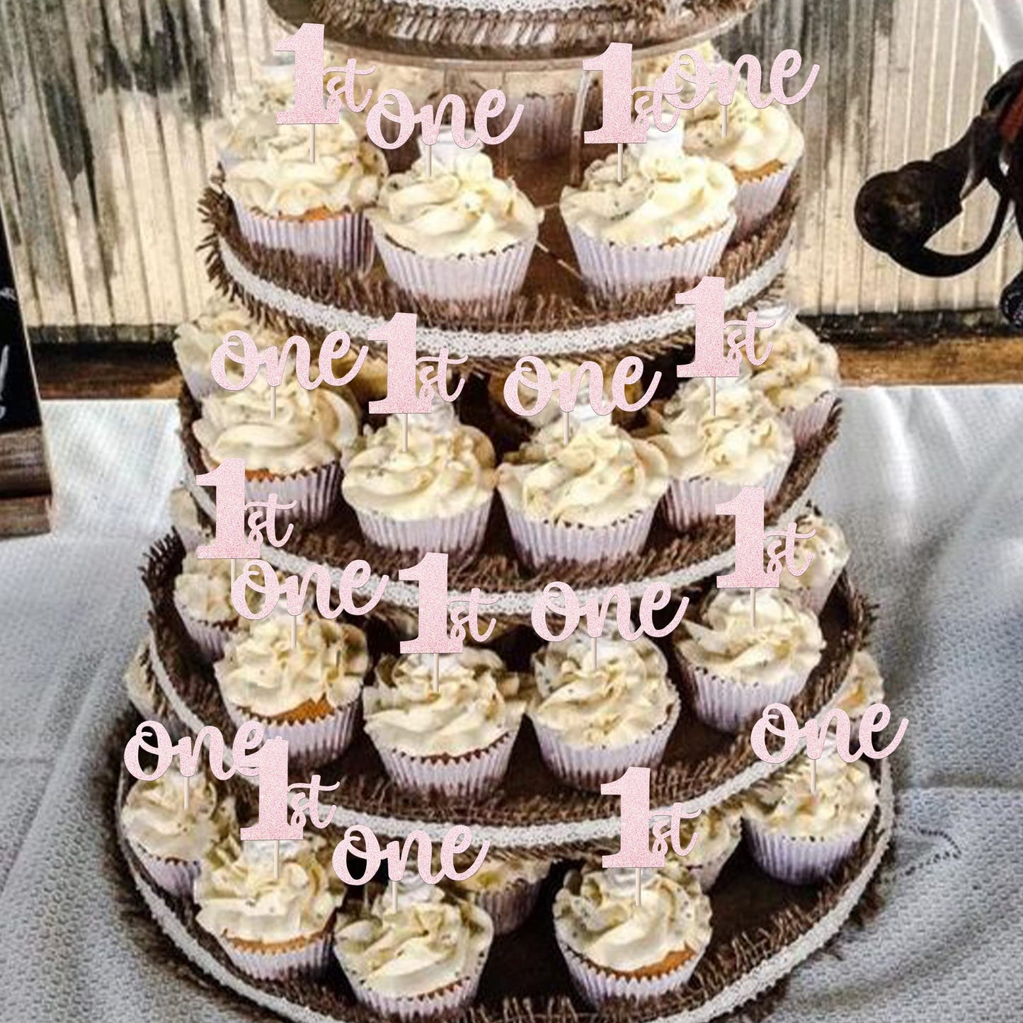 Rssta i Cupcake Toppers 24 Pack Glitter for 1st Birthday Party Decorations, Pink, Model XM060-Pink, Paper Material
