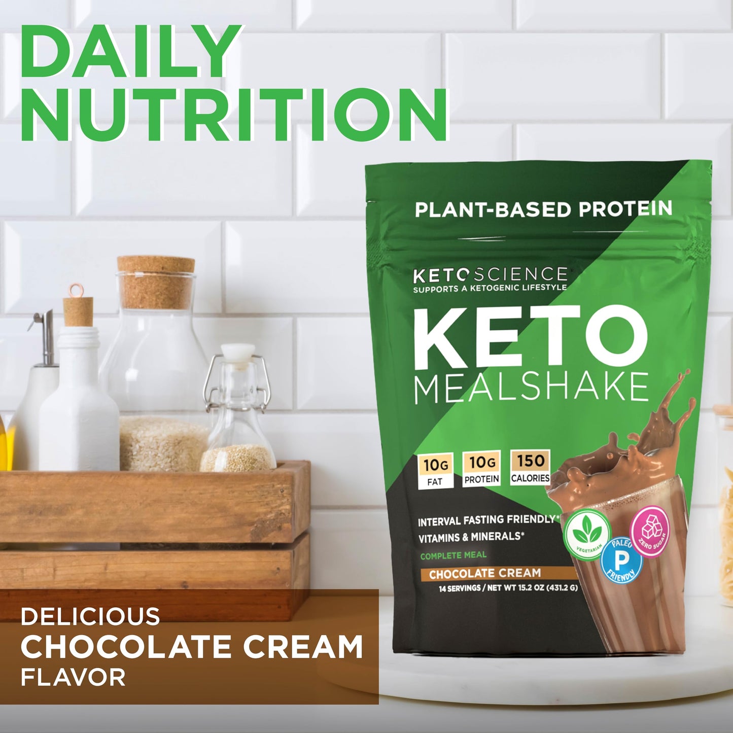 KETO SCIENCE Keto Meal Shake, Plant Based Protein, Chocolate Cream, 15.2 Ounce, Complete Meal Replacement, 14 Servings
