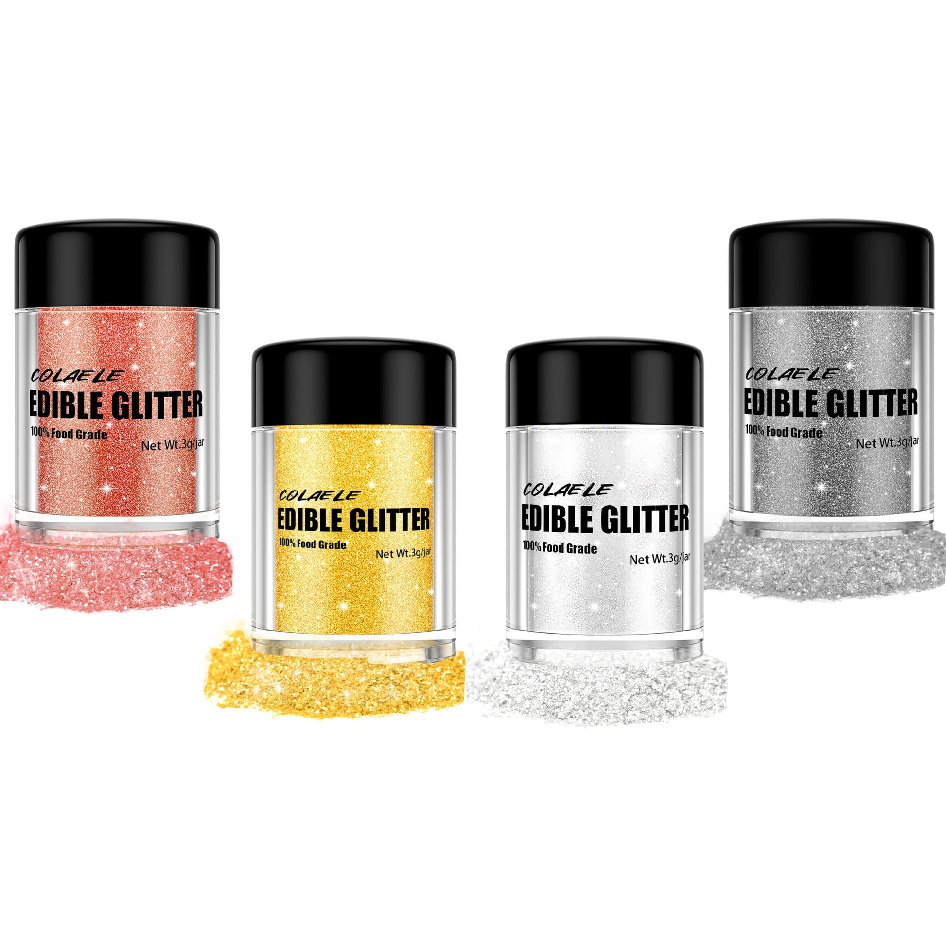 Colaele Edible Glitter for Drinks & Cakes - 4 Colors Shimmering Luster Dust, 3g, Food Grade Metallic Coloring