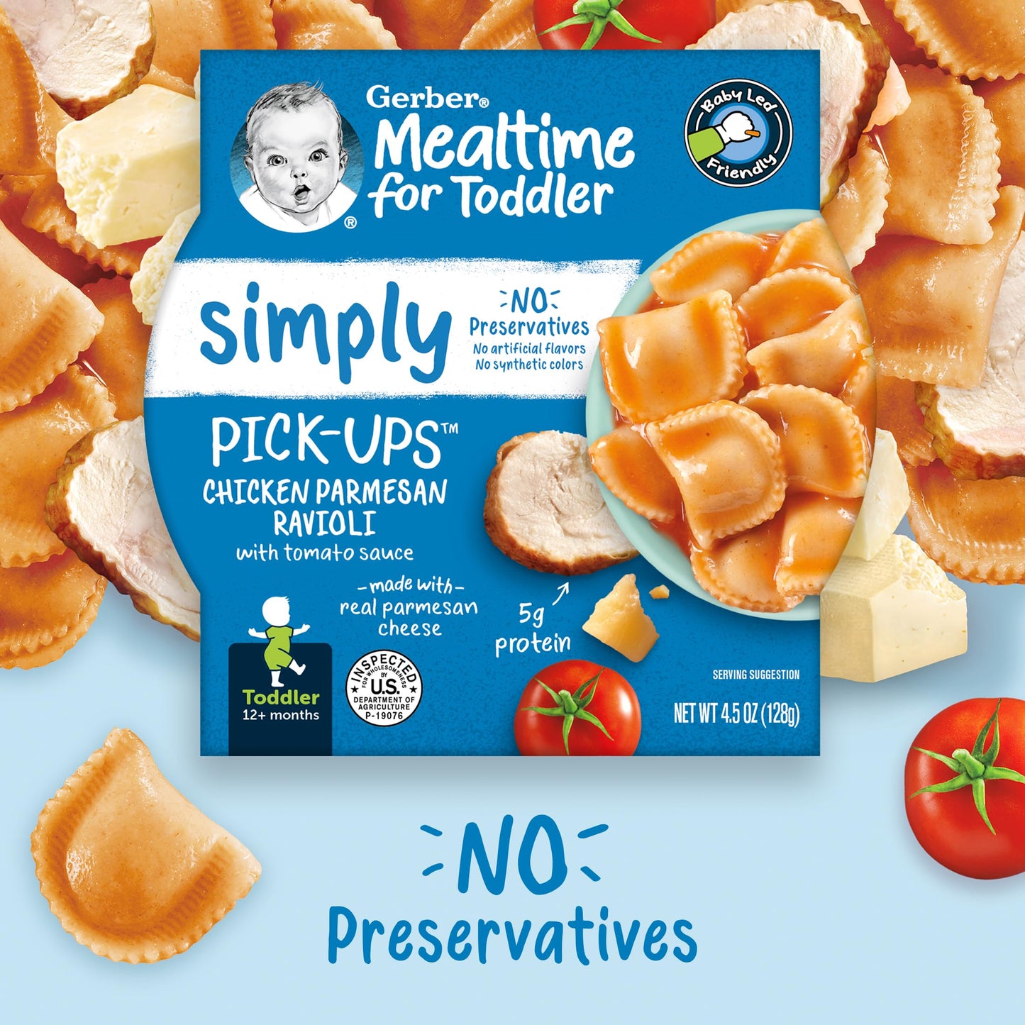 Gerber Pick-Ups Chicken & Parmesan Ravioli in Tomato Sauce, 4.5 Oz Tray, Toddler Meals (Pack of 8)