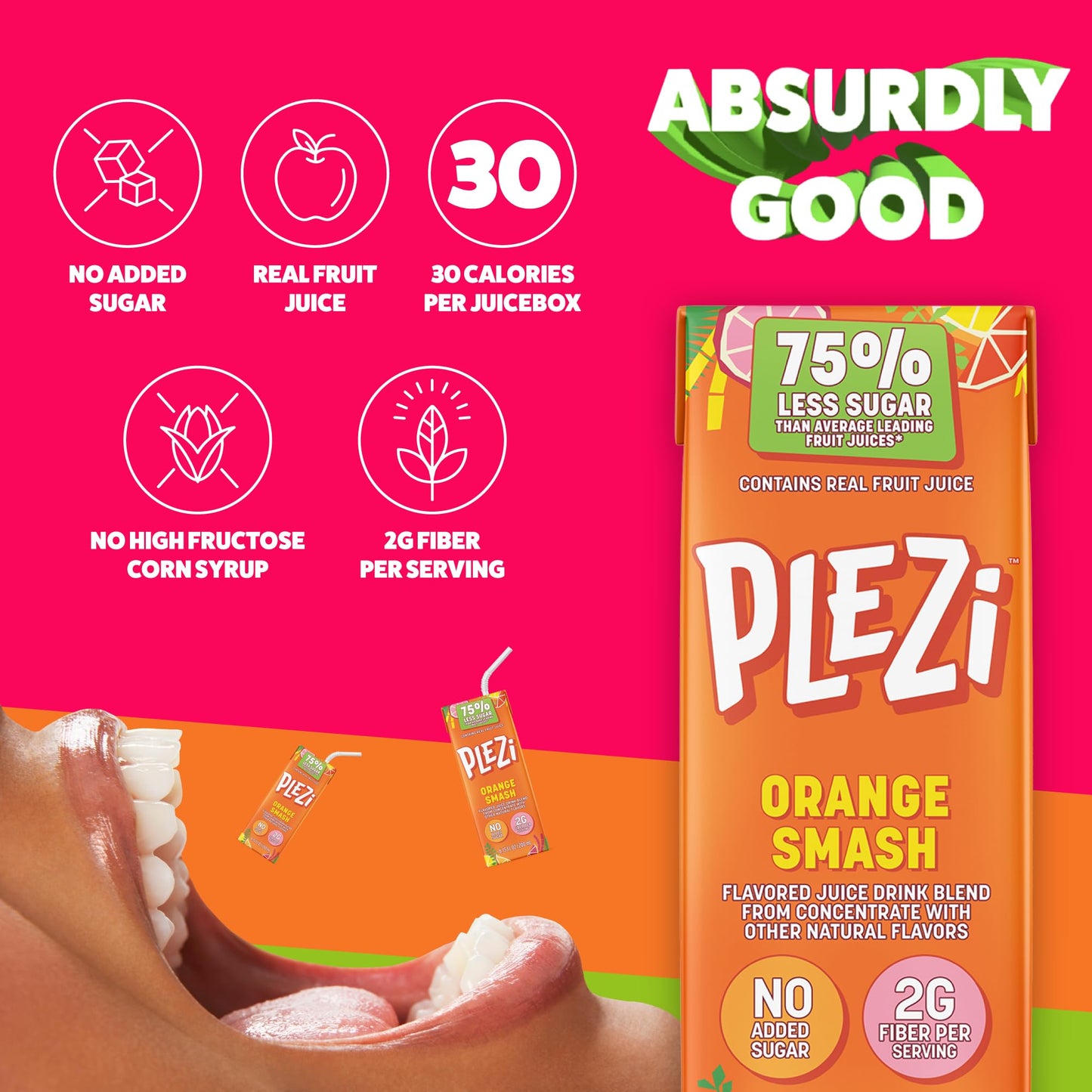 PLEZi Fruit Juice Boxes For Kids, Orange Smash - Low Sugar Drinks with Dietary Fiber, Healthy Vitamin C, and Potassium Electroly