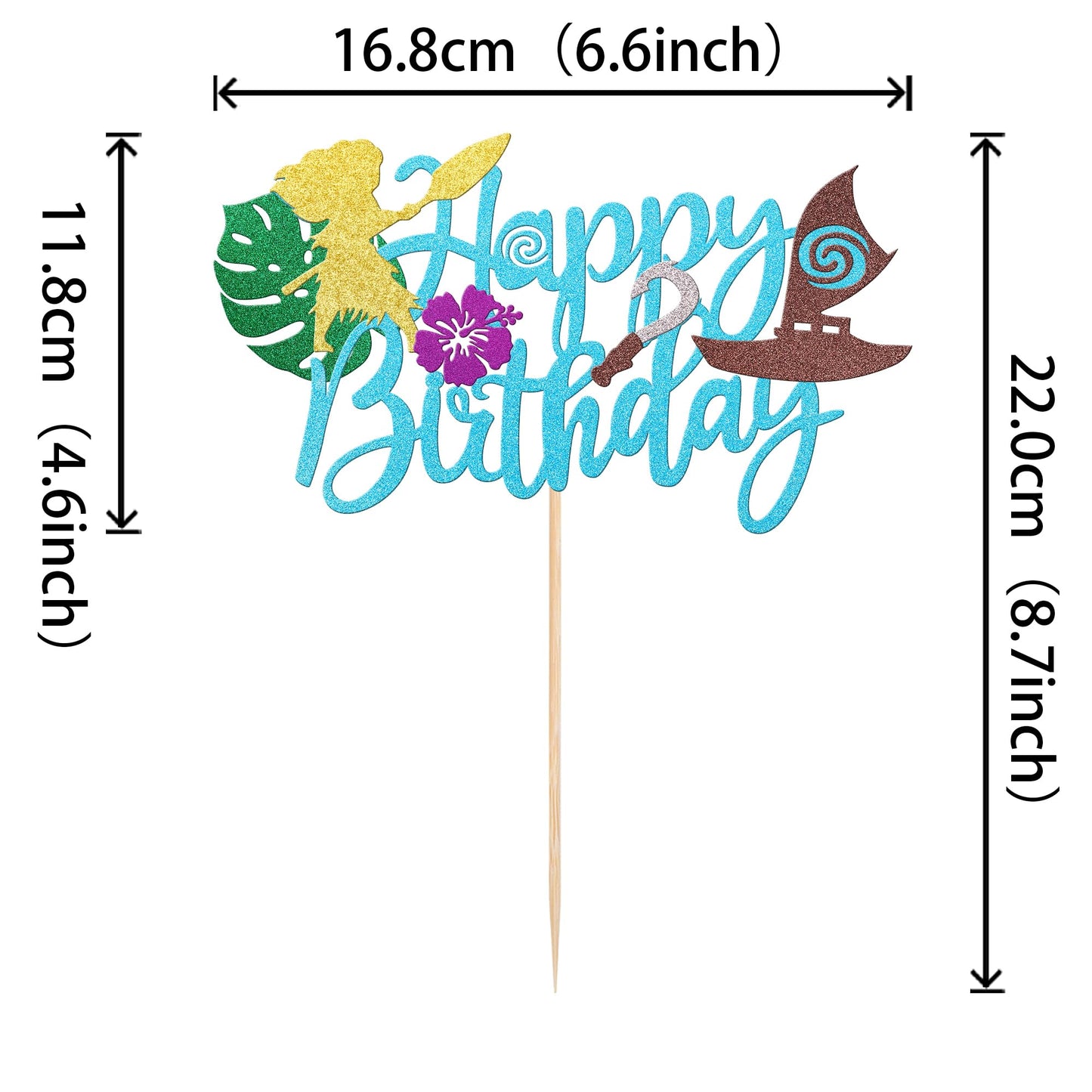 1 Pcs Moana Happy Birthday Cake Topper Glitter Palm Leaf Flower Moana Cake Pick For Tropical Hawaiian Luau Theme Baby Shower Kid