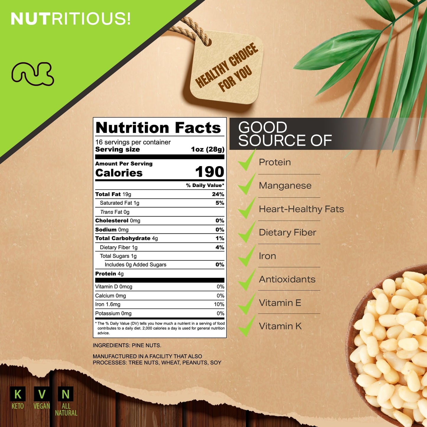 NUT CRAVINGS - Raw Pine Nuts Pignolias, Unsalted, Shelled, (16oz - 1 LB) Bulk Nuts Packed Fresh in Resealable Bag Kosher Healthy