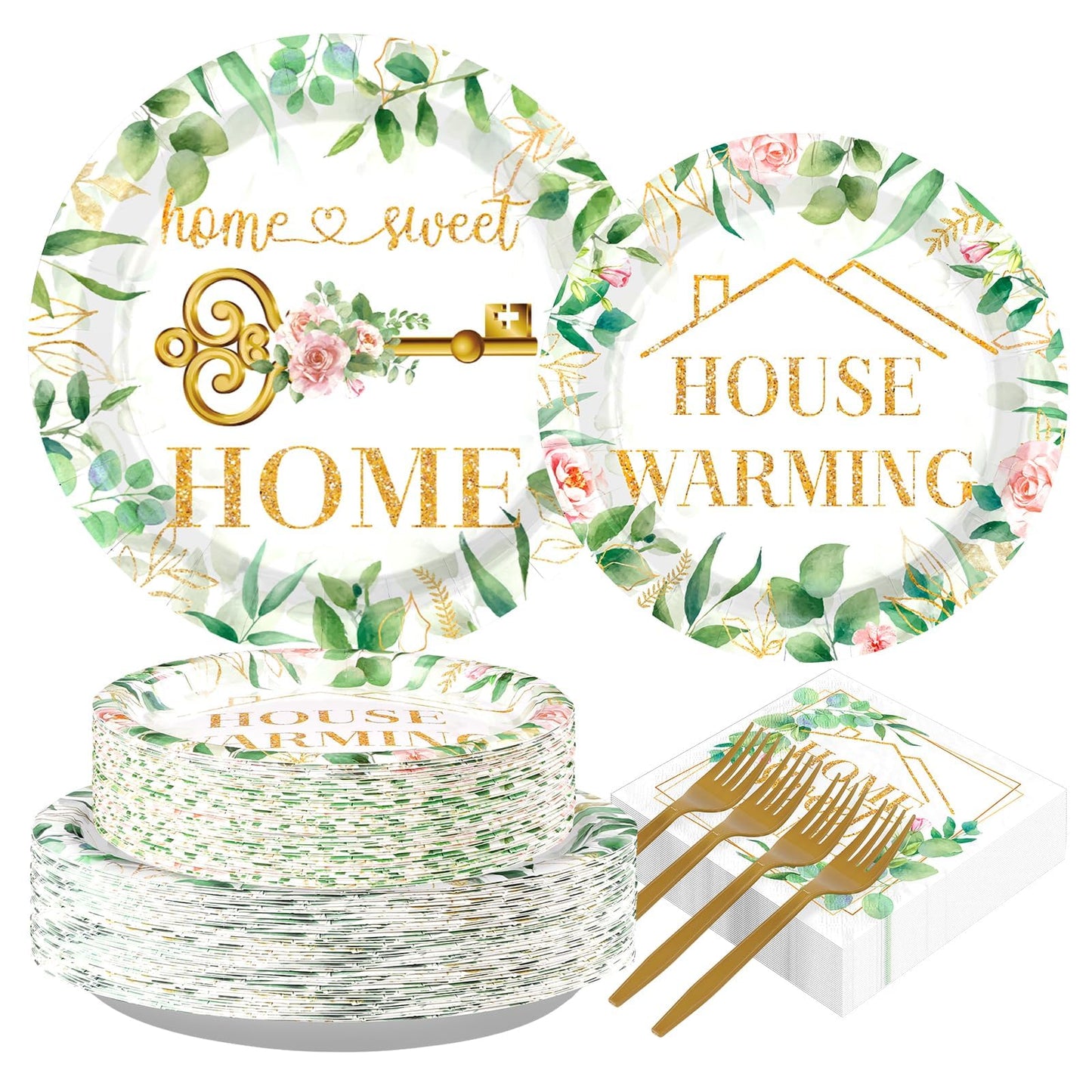 Grencian 200Pcs House Warming Party Decorations Housewarming Plates Disposable Home Sweet Home Plates Green Leaves Pink Floral Paper Tableware For New House Wedding Party Supplies  Serves 50