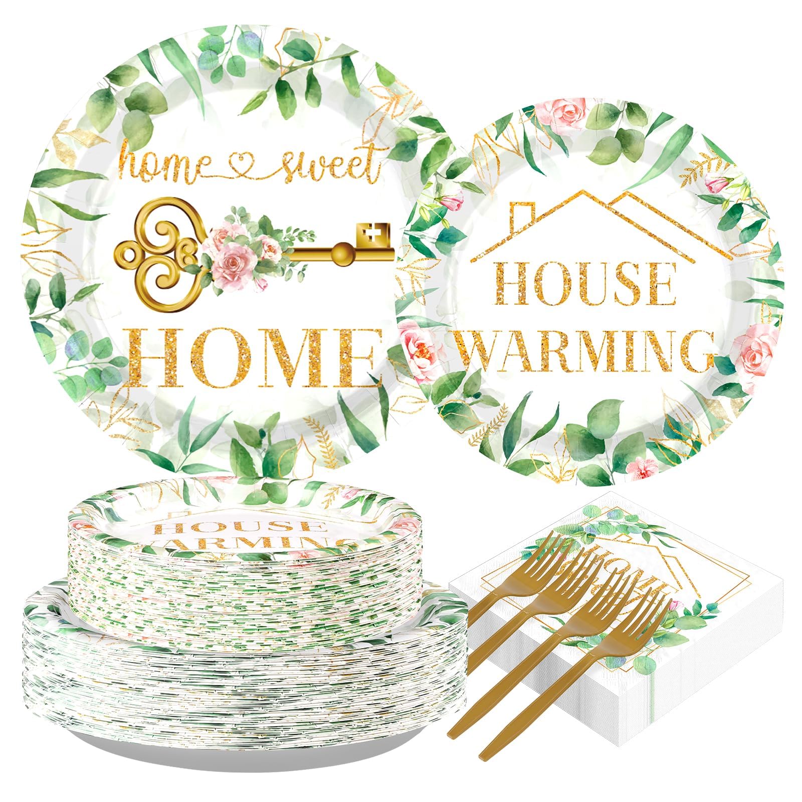 Grencian 200Pcs House Warming Party Decorations Housewarming Plates Disposable Home Sweet Home Plates Green Leaves Pink Floral Paper Tableware For New House Wedding Party Supplies  Serves 50