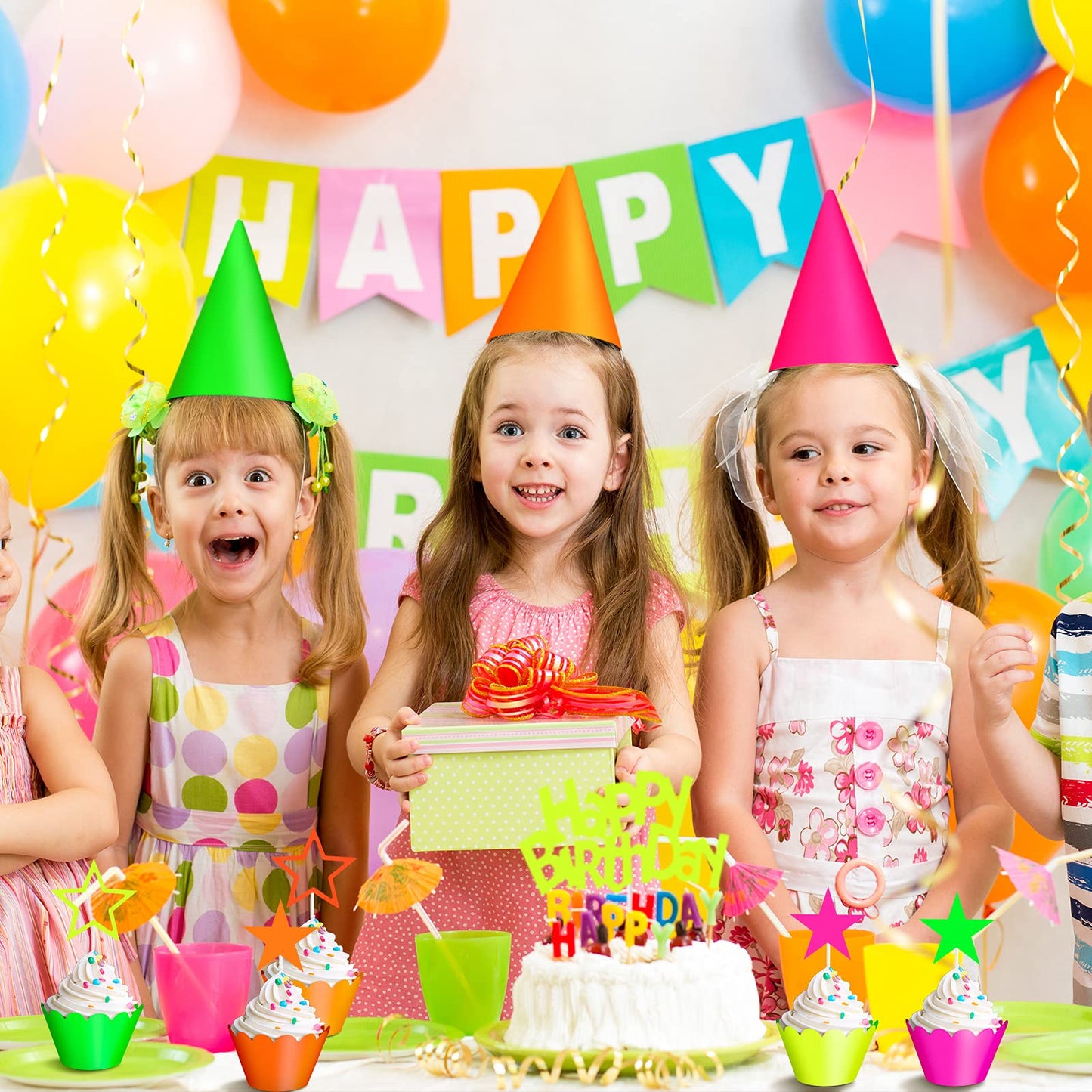 41 Pieces Glow Neon Birthday Party Decorations, Includes Yellow Happy Birthday Cake Topper Neon Cupcake Wrappers And Hollowed Ou