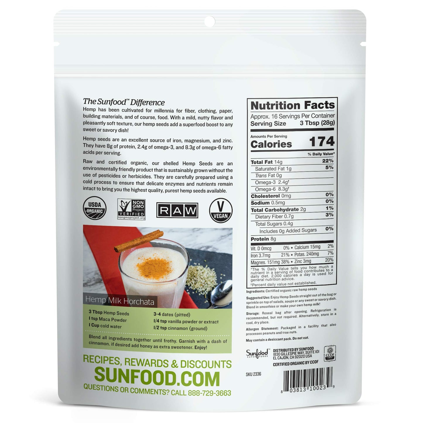 SUNFOOD HEMP SEEDSOg2SHELLED 1 LB