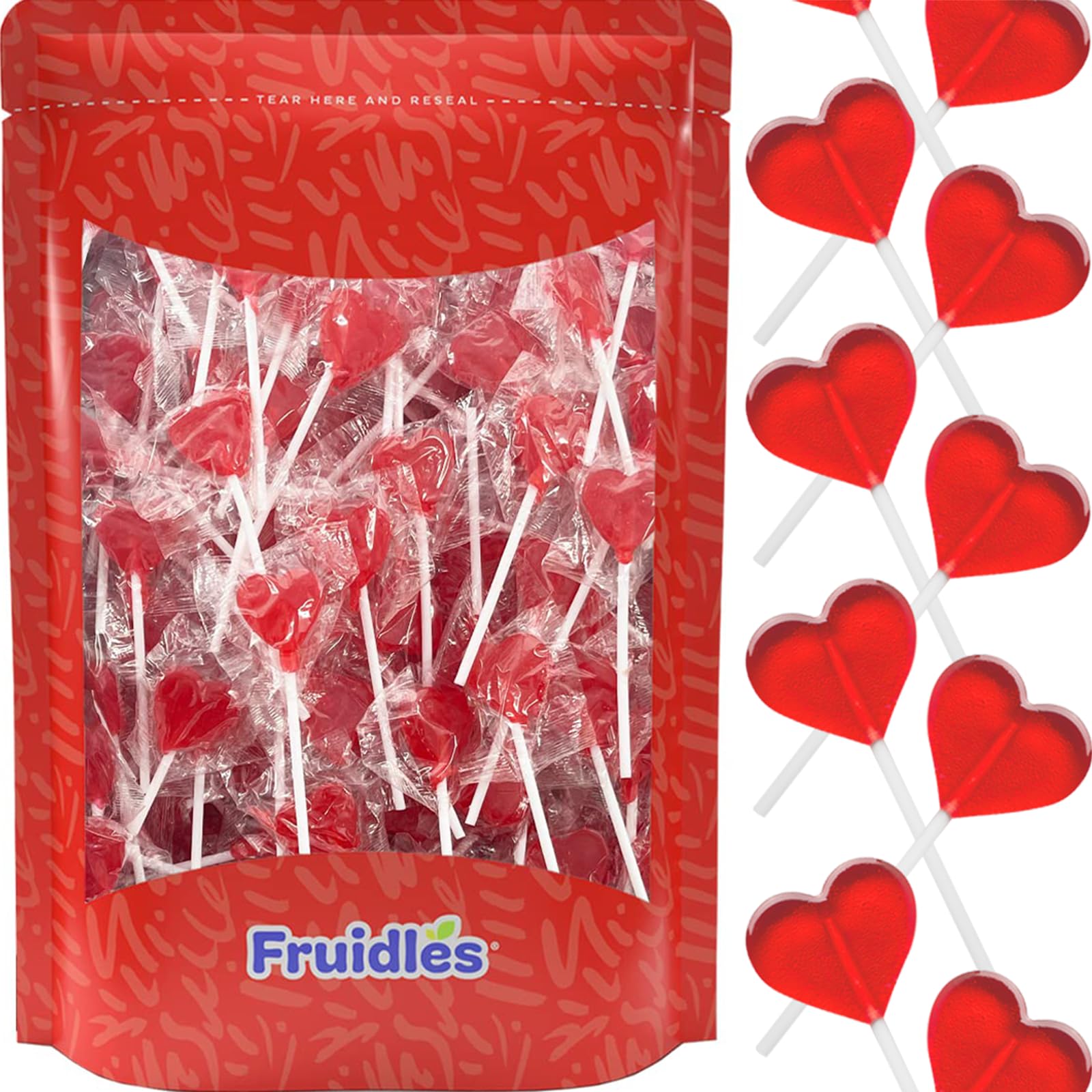Fruidles Mini Heart Shaped Lollipops, Strawberry Flavor, 5g Each, 60 Lollipops, Individually Wrapped