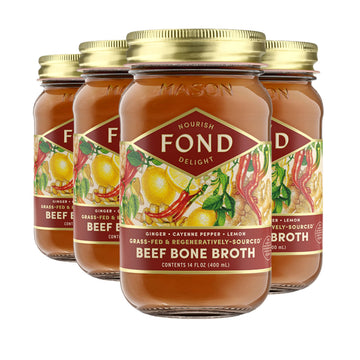 FOND NOURISH DELIGHT Grass-fed Beef Bone Broth with Ginger & Cayenne, 14 Fl Oz (Pack of 4), Natural