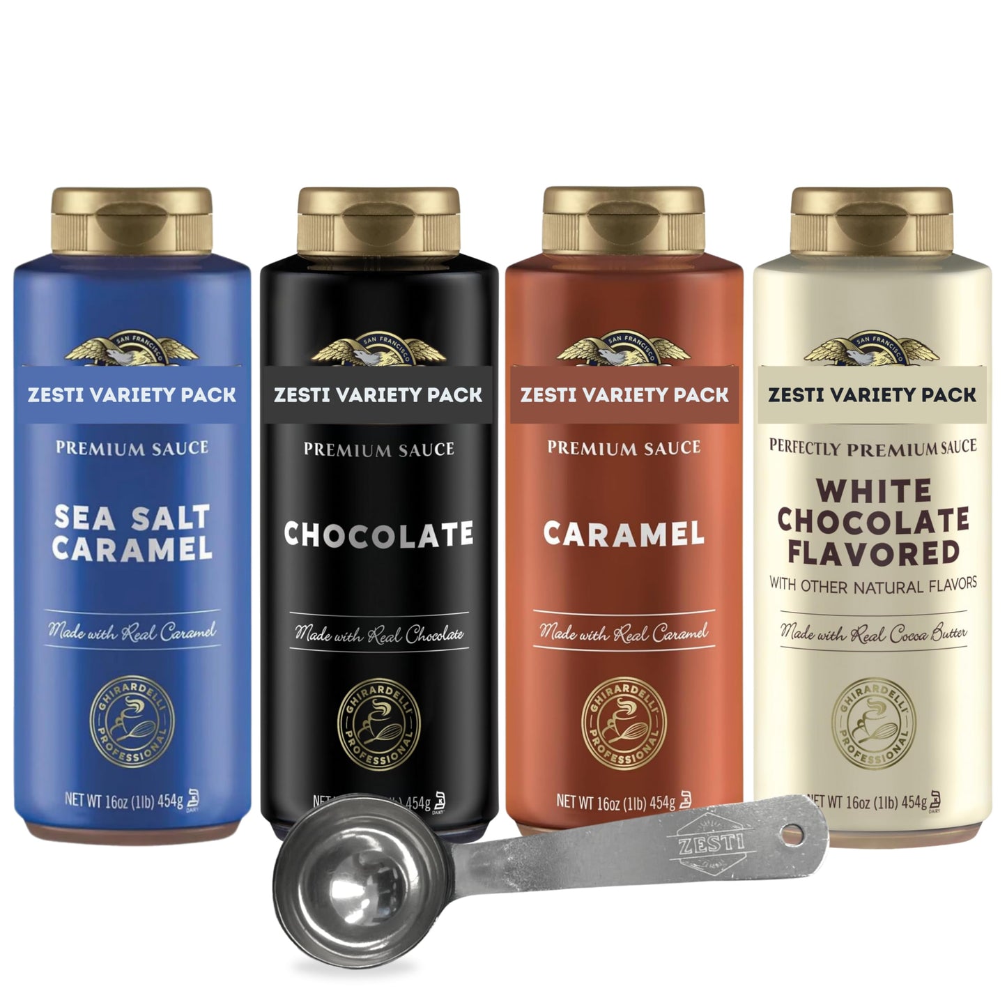 Chocolate, Sea Salt Caramel, White Chocolate, Caramel - 16 oz (Pack of 4) with ZESTI Barista Spoon - For Coffee & Desserts