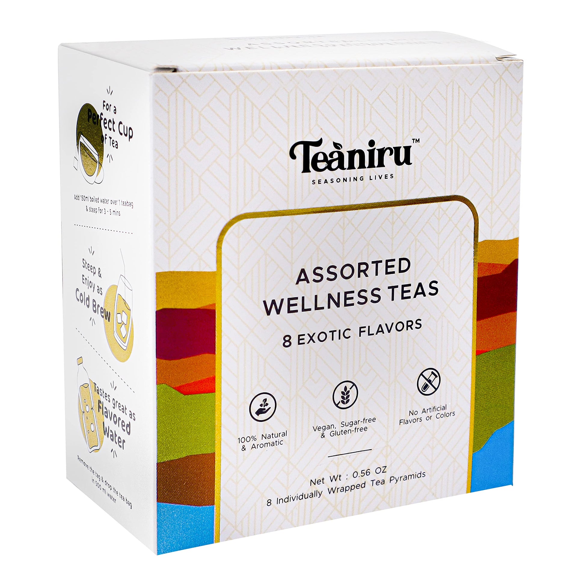 Teaniru, Assorted Tea Sampler Pack - 8 Exotic Wellness Flavors | Individually Wrapped In Pyramid Tea Bags | 100% Natural Ingredi