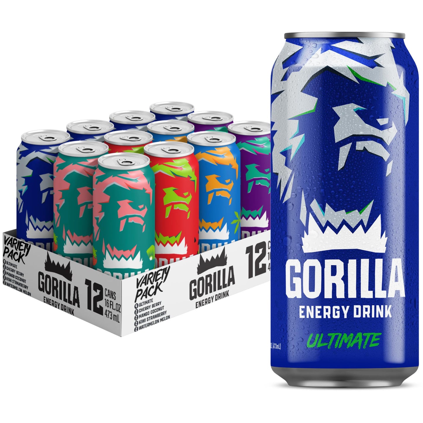 Gorilla Energy Drink  Variety Pack  200mg Natural Caffeine  Real Fruit Juice Squeezed & Concentrated  L-Theanine  Taurine  Ginseng  Acetyl L-Carnitine  No Added Sugar and No Artificial Colors  12 Pack