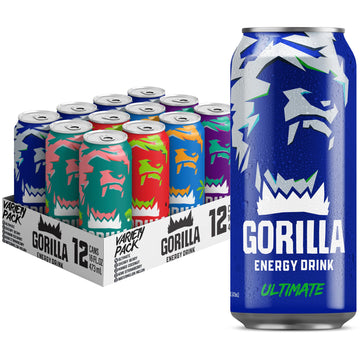 Gorilla Energy Drink  Variety Pack  200mg Natural Caffeine  Real Fruit Juice Squeezed & Concentrated  L-Theanine  Taurine  Ginseng  Acetyl L-Carnitine  No Added Sugar and No Artificial Colors  12 Pack