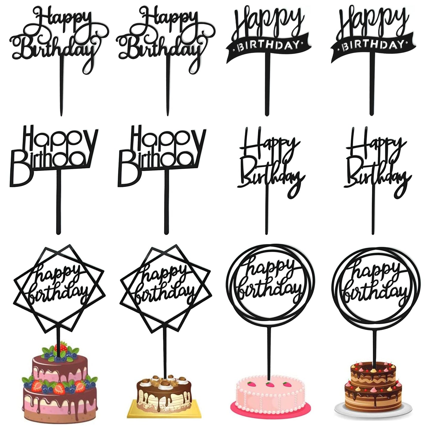 Chewarelly Birthday Cake Topper Set, Acrylic Bunting Decor, 4.5 x 6.3 inches, Black, Model HBCTAC06, 12 Pack