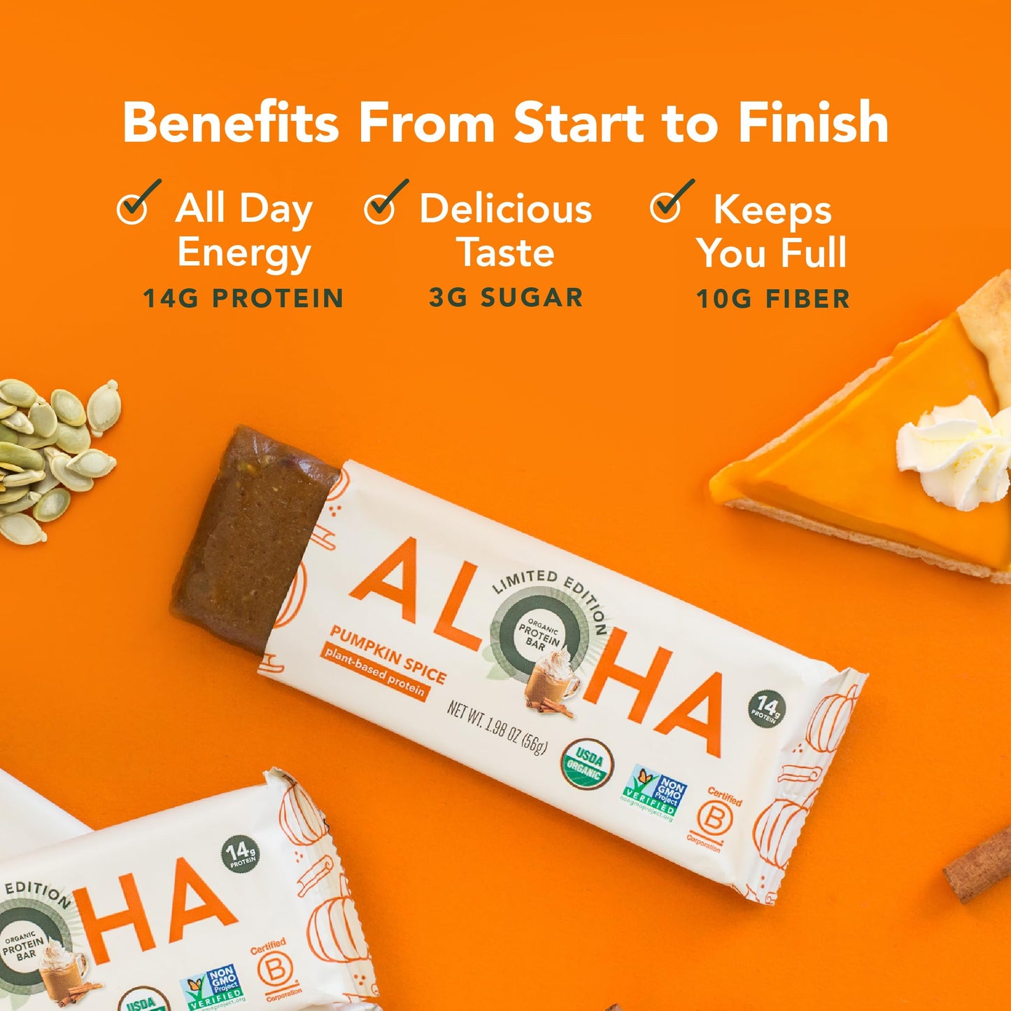 ALOHA Organic Plant Based Protein Bars, Pumpkin Spice, Vegan, Gluten-Free, Low Sugar, 12 Count