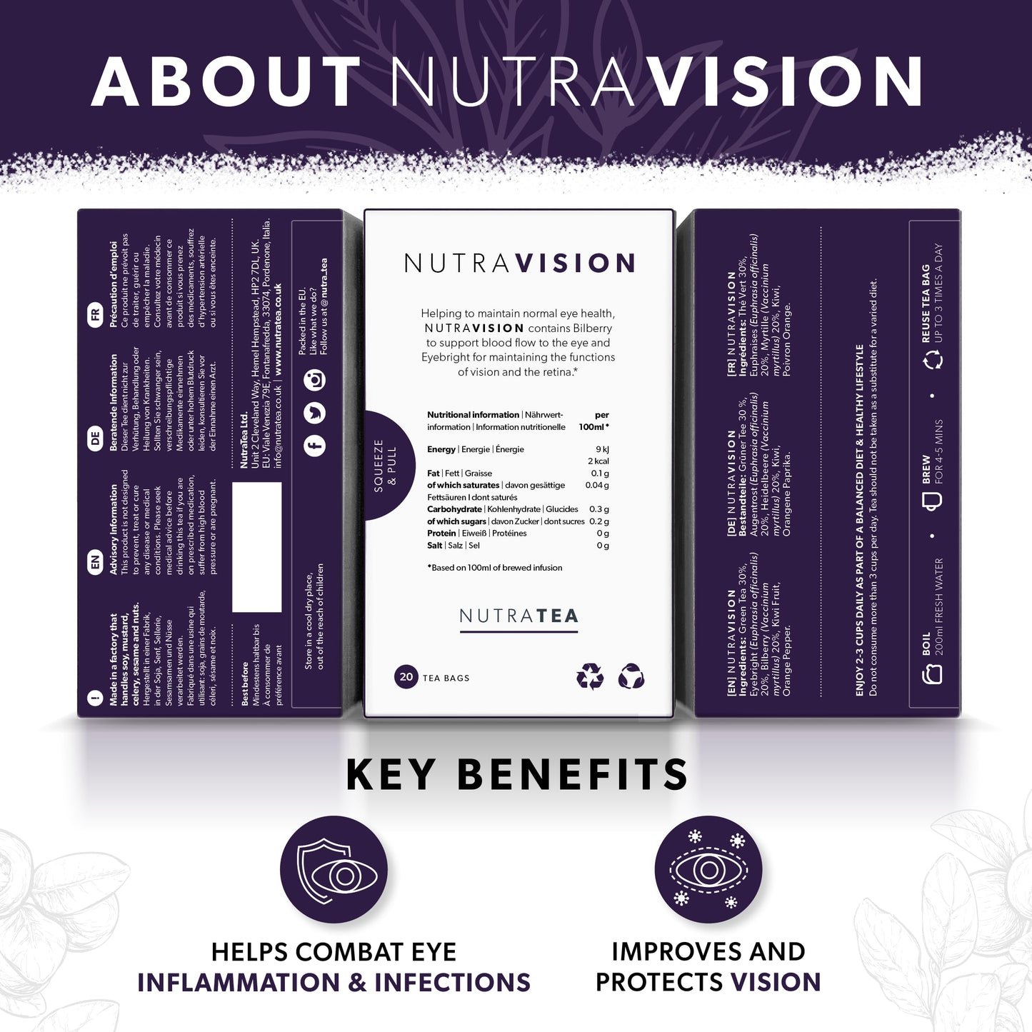 Nutravision - Eye Health Tea - Includes Bilberry & Eyebright - For General And Age-Related Eye Health - 40 Enveloped Tea Bags -