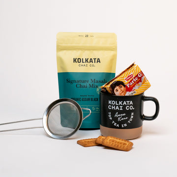 Kolkata Chai - Decaf Masala Chai Mix - Gift Box includes mug and strainer -, Makes 20 cups, Premium loose leaf tea and spice ble