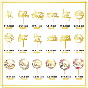 32 Pcs Gold Happy Birthday Cake Toppers Flower Acrylic Gold Birthday Cake Topper Cake Pick Decorations For Birthday Party Cake D