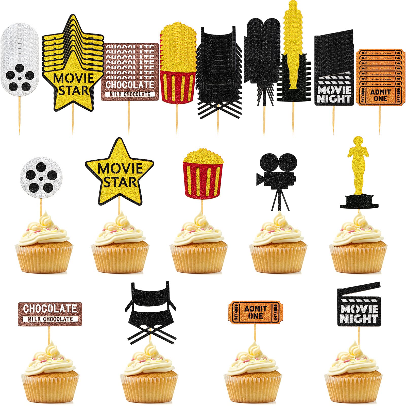 72 Pieces Movie Night Cupcake Toppers Movie Theme Party Picks Movie Party Supplies Decorations For Wedding Birthday Party, 9 Sty