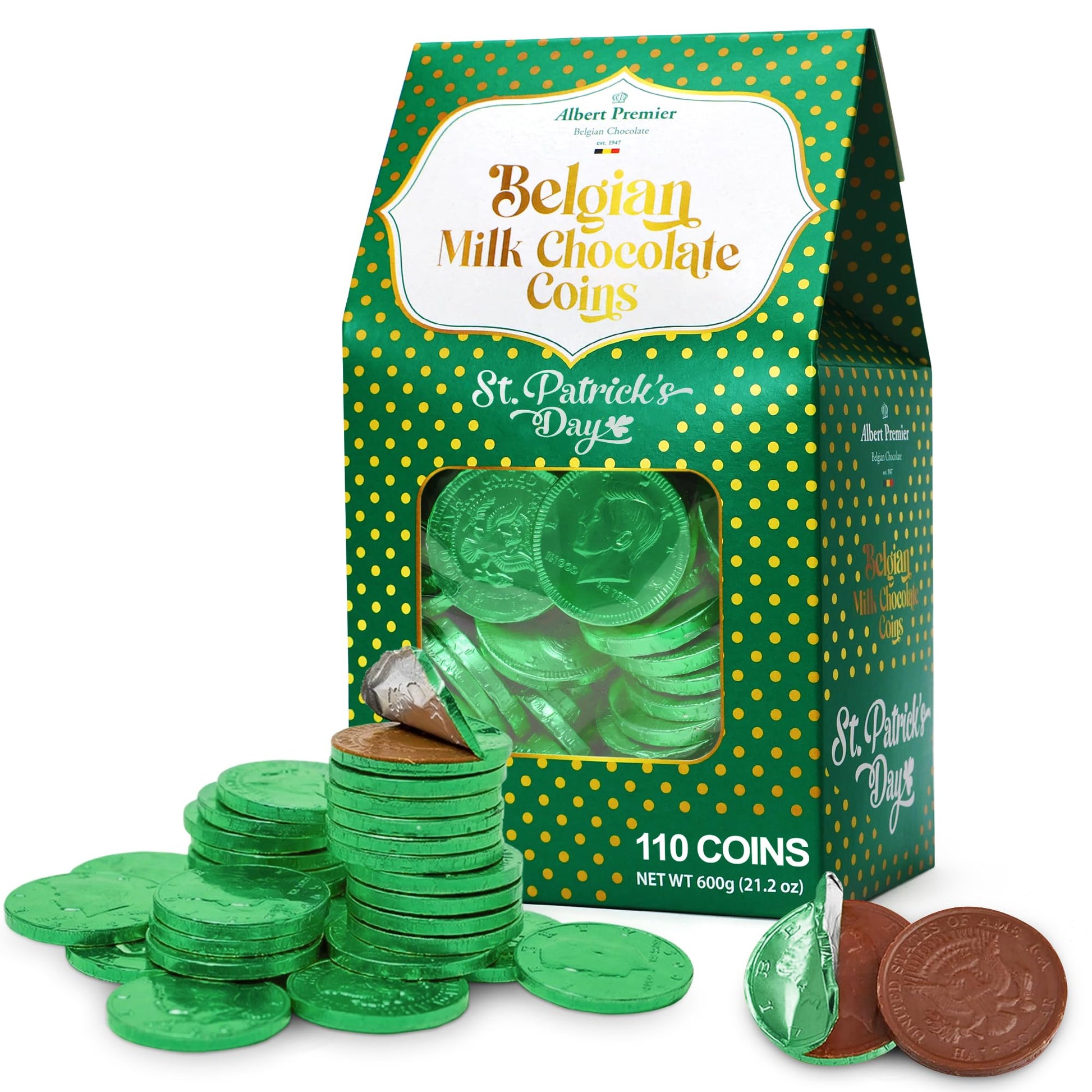 Albert Premier Belgian Chocolate Coins Bulk Pack - Approx. 110 Green Foil Wrapped Milk Chocolate Coins Candy For Party Favors, G