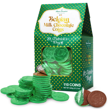 Albert Premier Belgian Chocolate Coins Bulk Pack - Approx. 110 Green Foil Wrapped Milk Chocolate Coins Candy For Party Favors, G