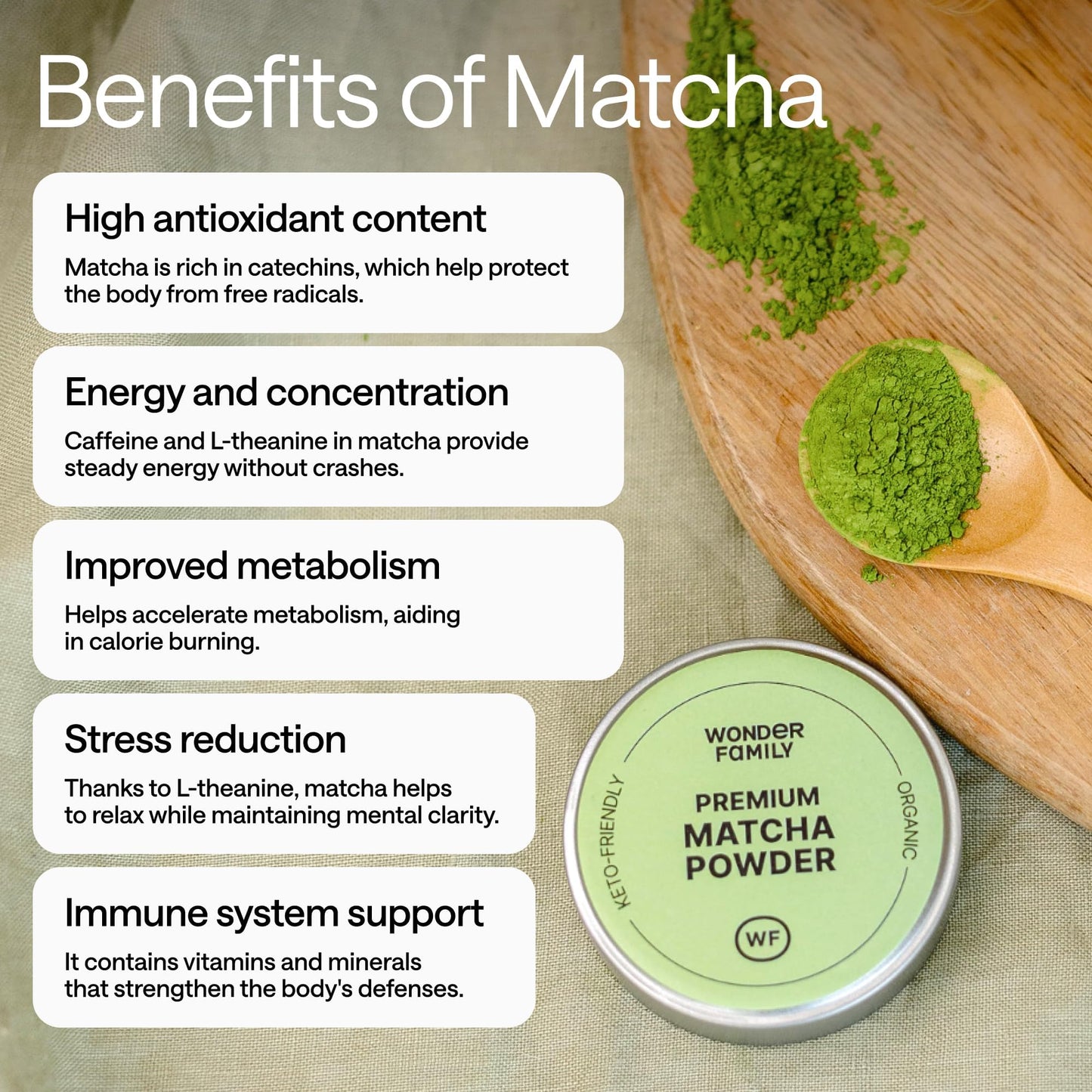 WONDER FAMILY Organic Matcha Powder, Ceremonial Grade, 1 oz, Unsweetened, USDA Organic, Non-GMO, Gluten-Free