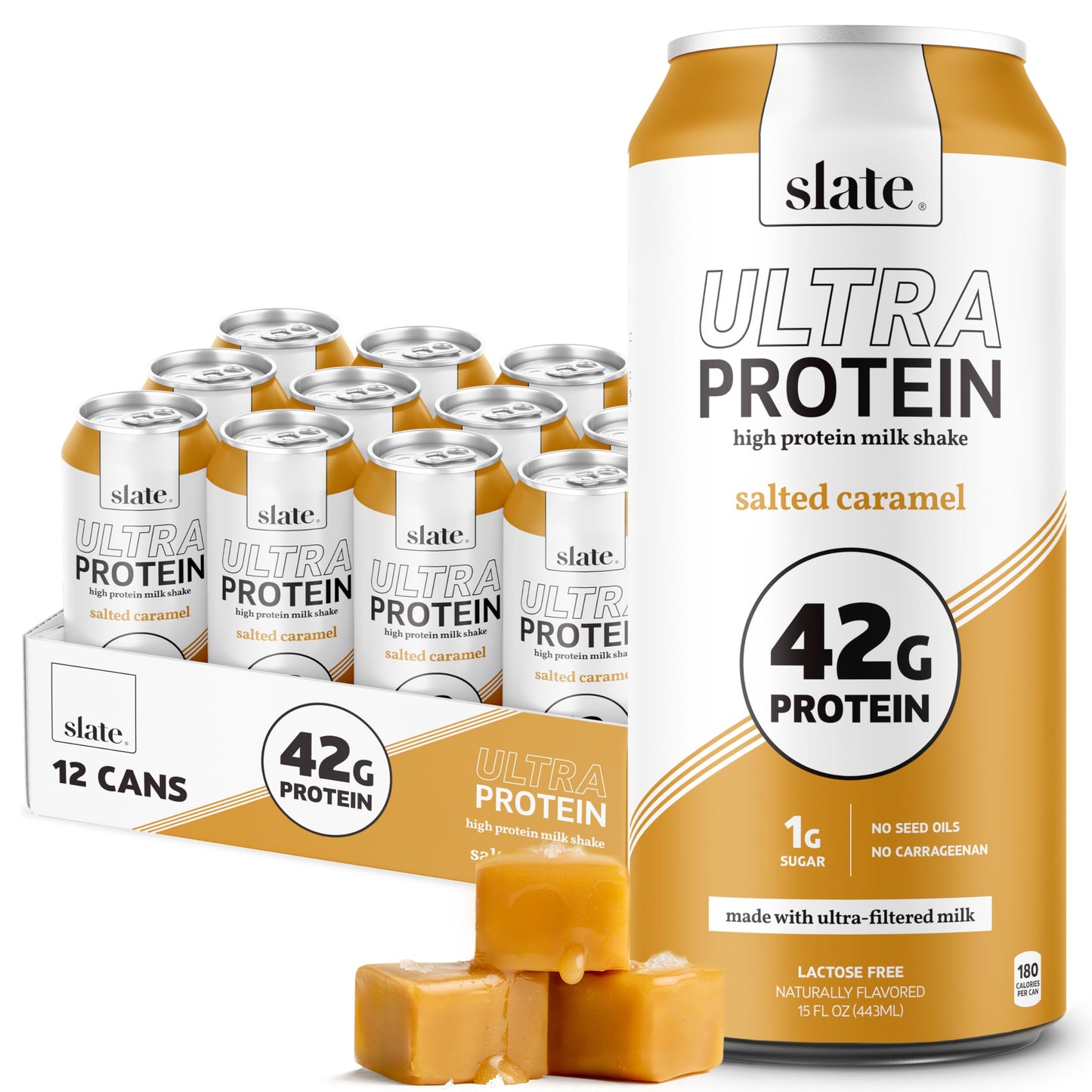 Slate Milk -Ultra Protein Shake-Salted Caramel-42g Protein 1g Sugar 180 Calories 1g Net Carbs-Lactose Free No Added Sugar-Made with Ultra Filtered Milk- Breakfast Boost Post Workout- 15 fl oz 12 Cans