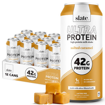 Slate Milk -Ultra Protein Shake-Salted Caramel-42g Protein 1g Sugar 180 Calories 1g Net Carbs-Lactose Free No Added Sugar-Made with Ultra Filtered Milk- Breakfast Boost Post Workout- 15 fl oz 12 Cans