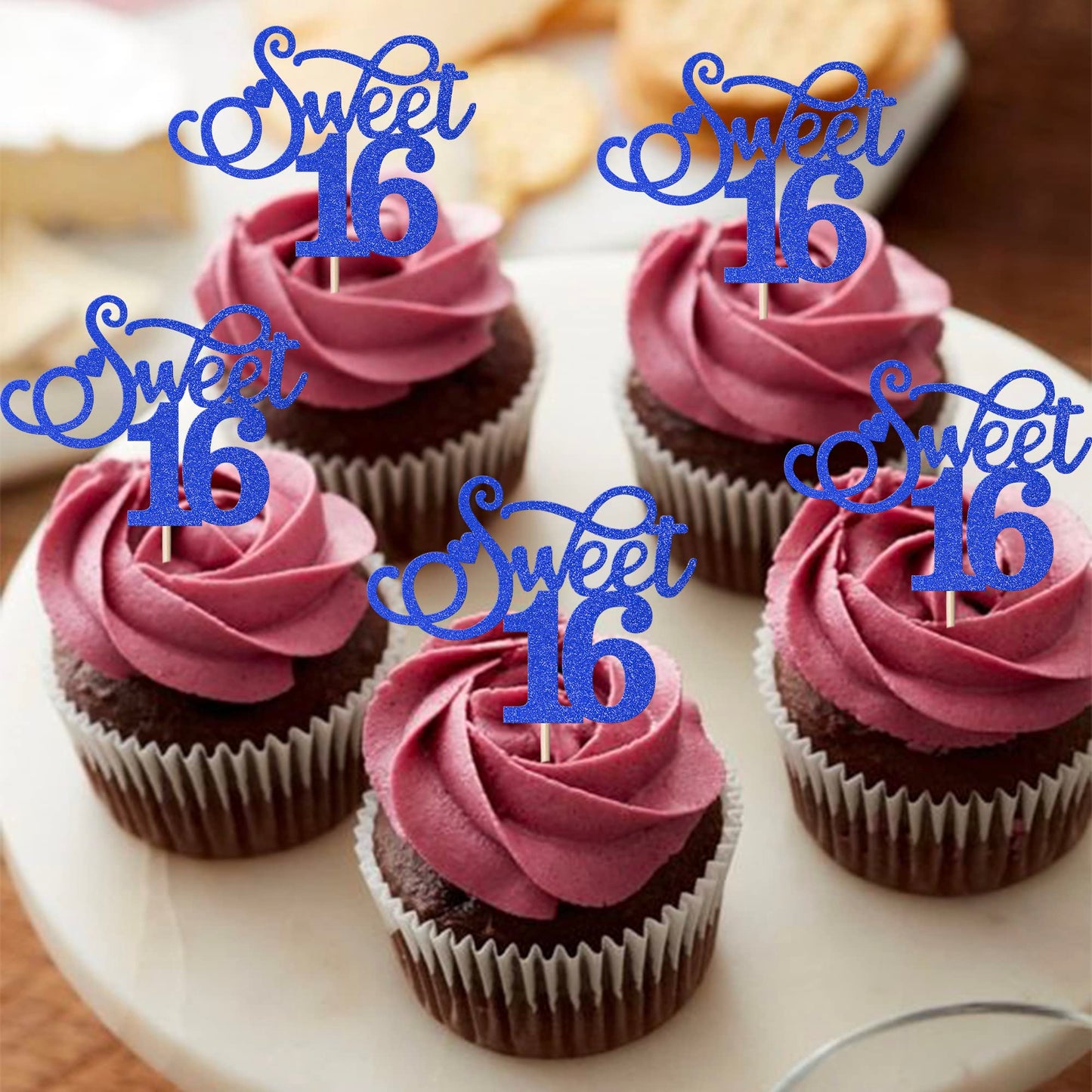Rssta i Cupcake Toppers 30 Pack Glitter Love Heart for 16th Birthday Deep Blue