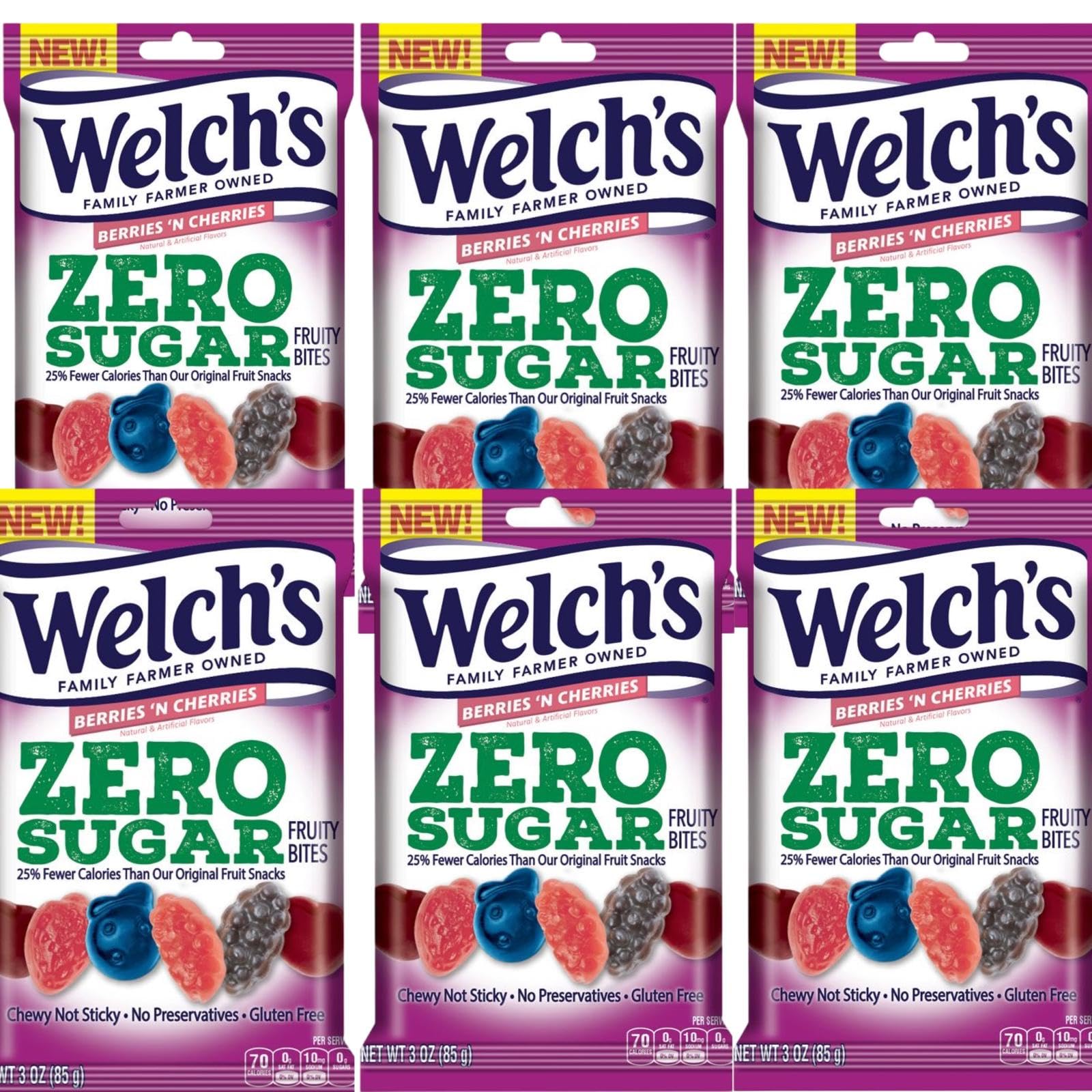 Welch's Fruit Snacks, Zero Sugar Berries 'N Cherries, Gluten Free, 3 oz, 6 Pack