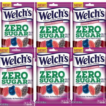 Welch's Fruit Snacks, Zero Sugar Berries 'N Cherries, Gluten Free, 3 oz, 6 Pack