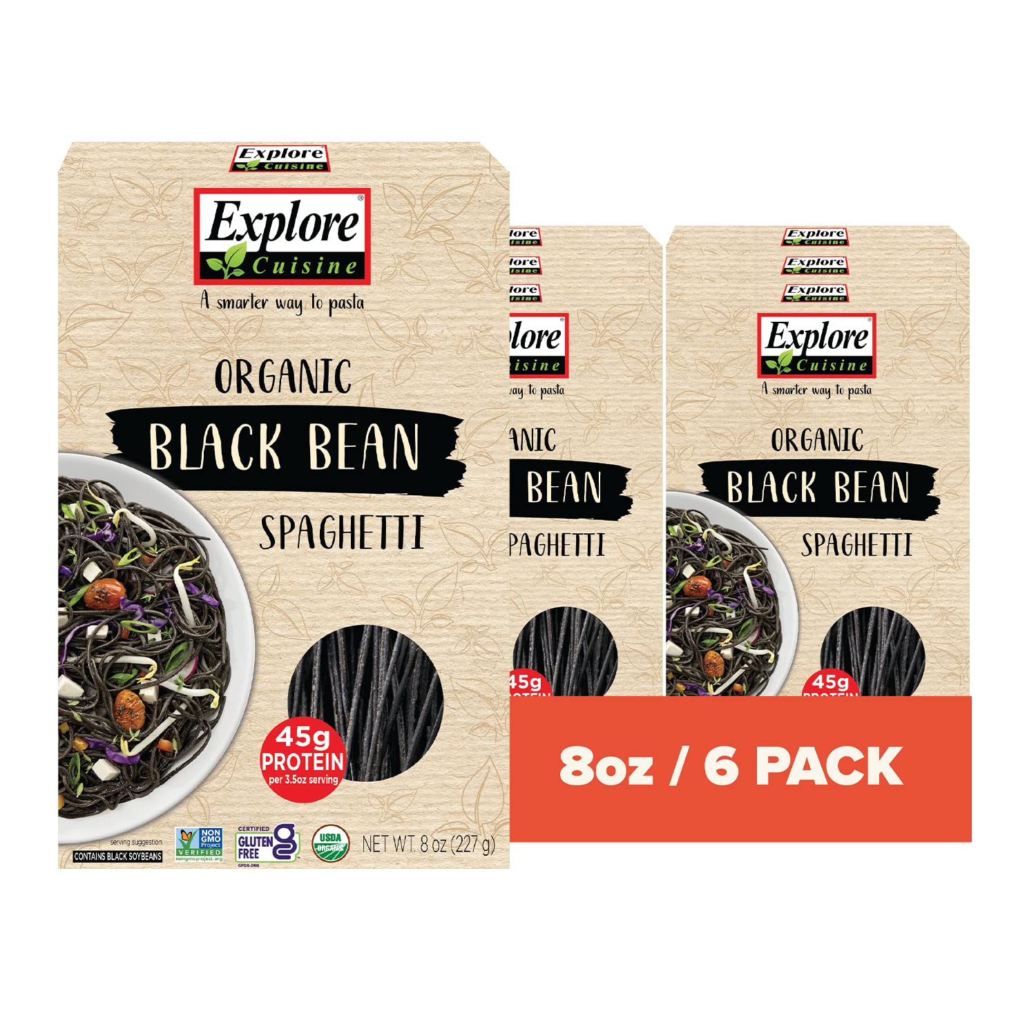Explore Cuisine Organic Black Bean Spaghetti - Pack of 6 (8 oz) - Easy-to-Make Gluten Free Pasta - High in Plant Protein & Fiber