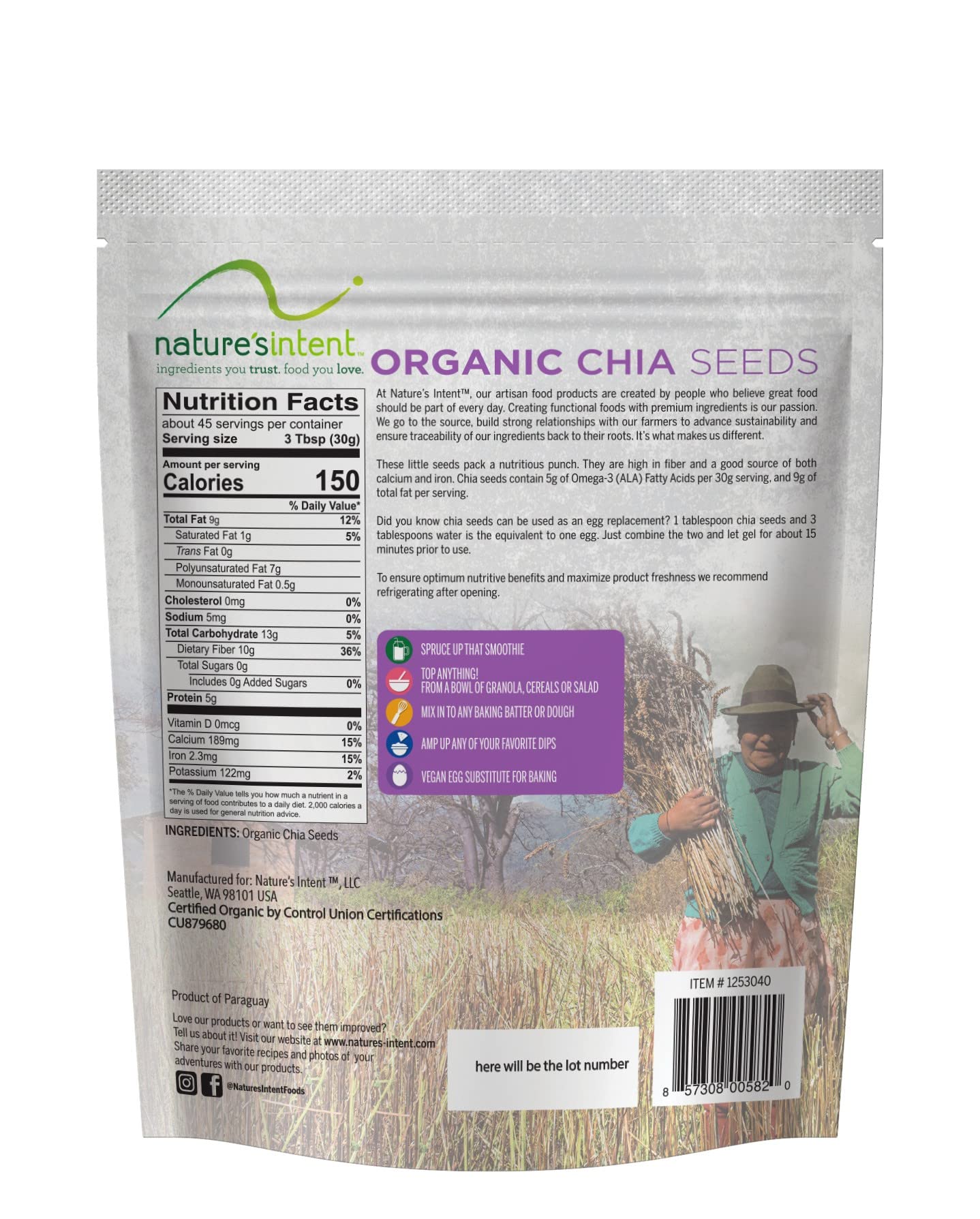 Natures Intent Organic Chia Seeds - 3lb Bag - USDA Organic, Non-GMO, Vegan, Gluten-Free, Kosher, Keto & Paleo - Good Source of
