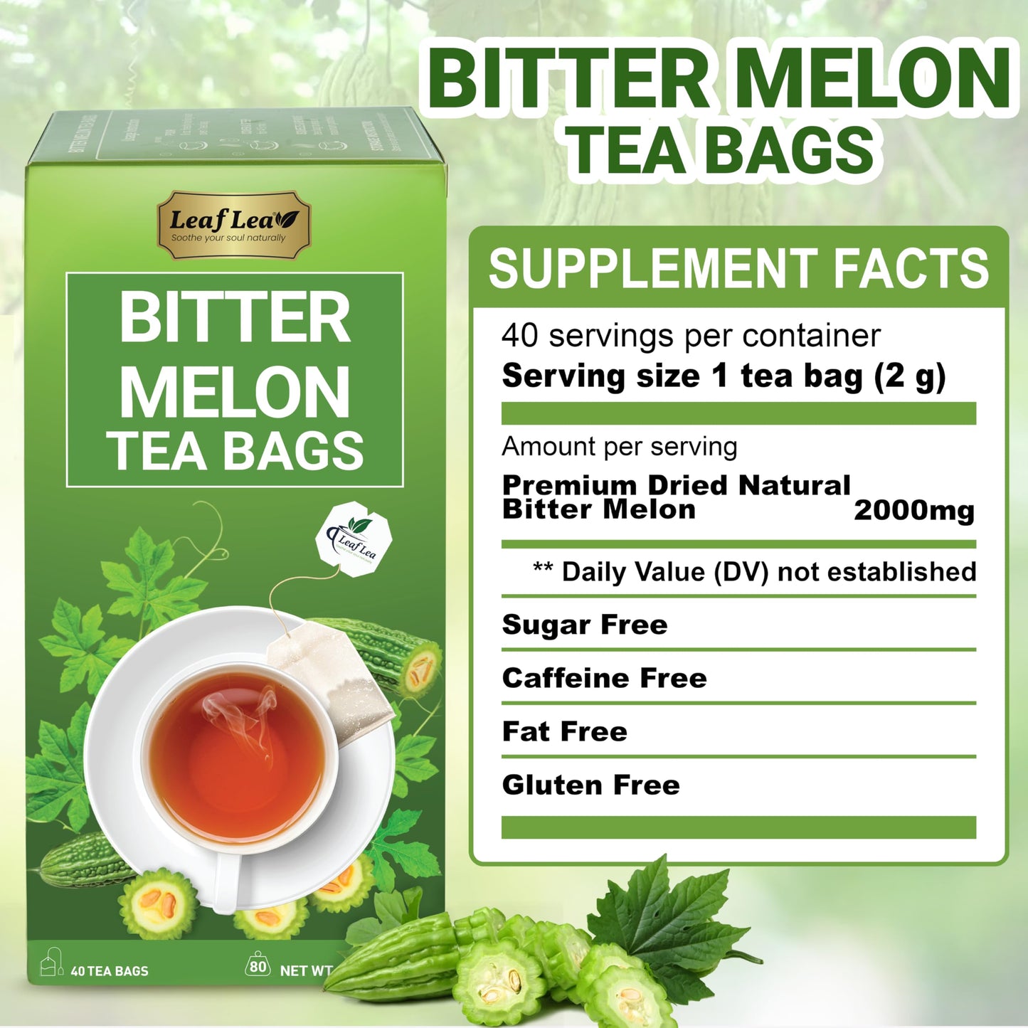 LeafLea Bitter Melon Tea Bags, Caffeine-Free Herbal Fruit Tea, 80 Bags (Pack of 2)