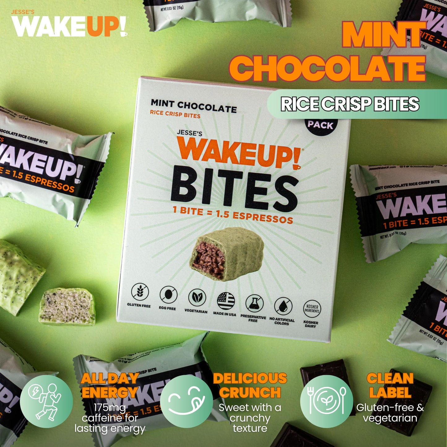 Wake Up! Mint Chocolate Caffeinated Protein Bites (1 Bite = 1.5 Espressos) – 175Mg Clean Caffeine For Energy, Focus & Happy Mornings – Gluten-Free, Kosher Ingredients, Vegetarian – Proprietary Blend For Smooth, Jitter-Free Energy – 8 Pack