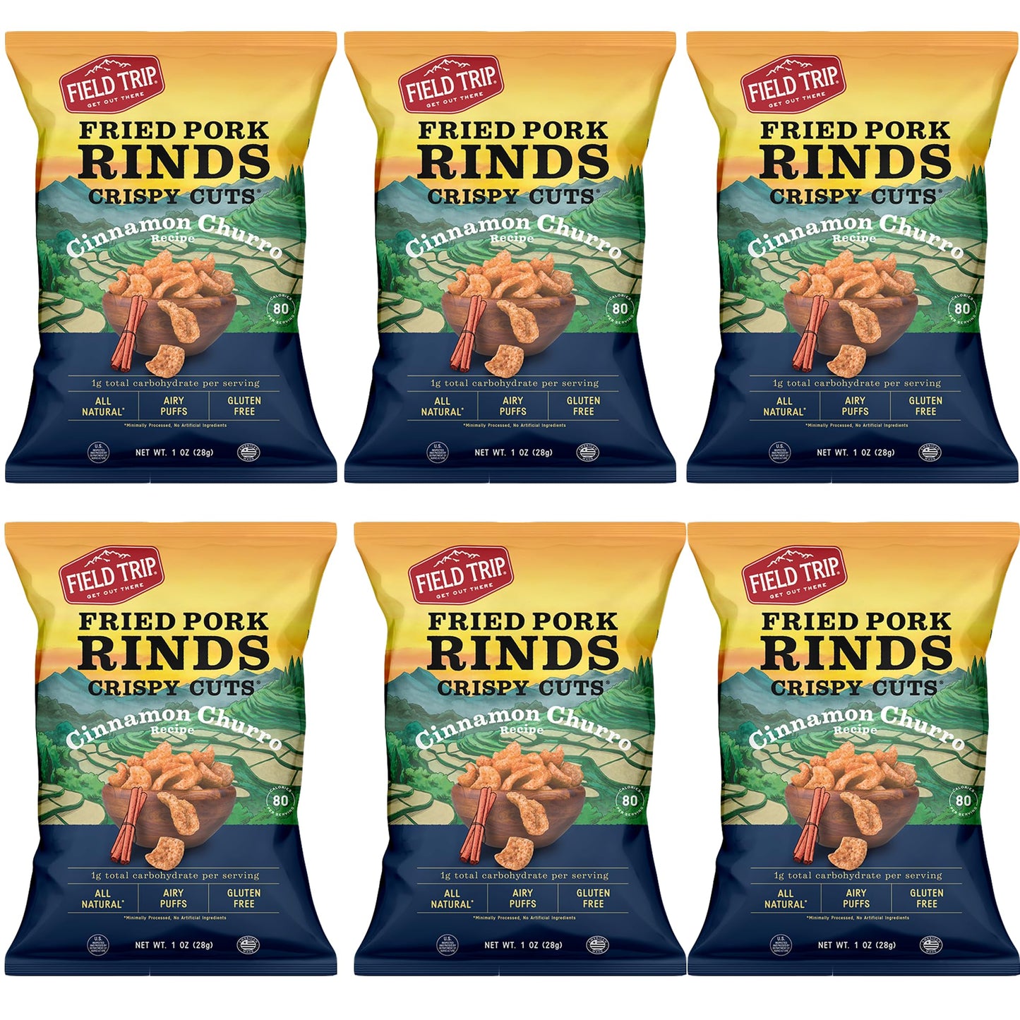 Field Trip Gluten Free Pork Rinds, Paleo And Keto Friendly Airy Puffs, Crunchy High Protein Snacks, Low Carb Snack From Back Pork Skins, 1Oz Bag, 6 Pack, Cinnamon Churro, Holiday & Christmas Gift Item