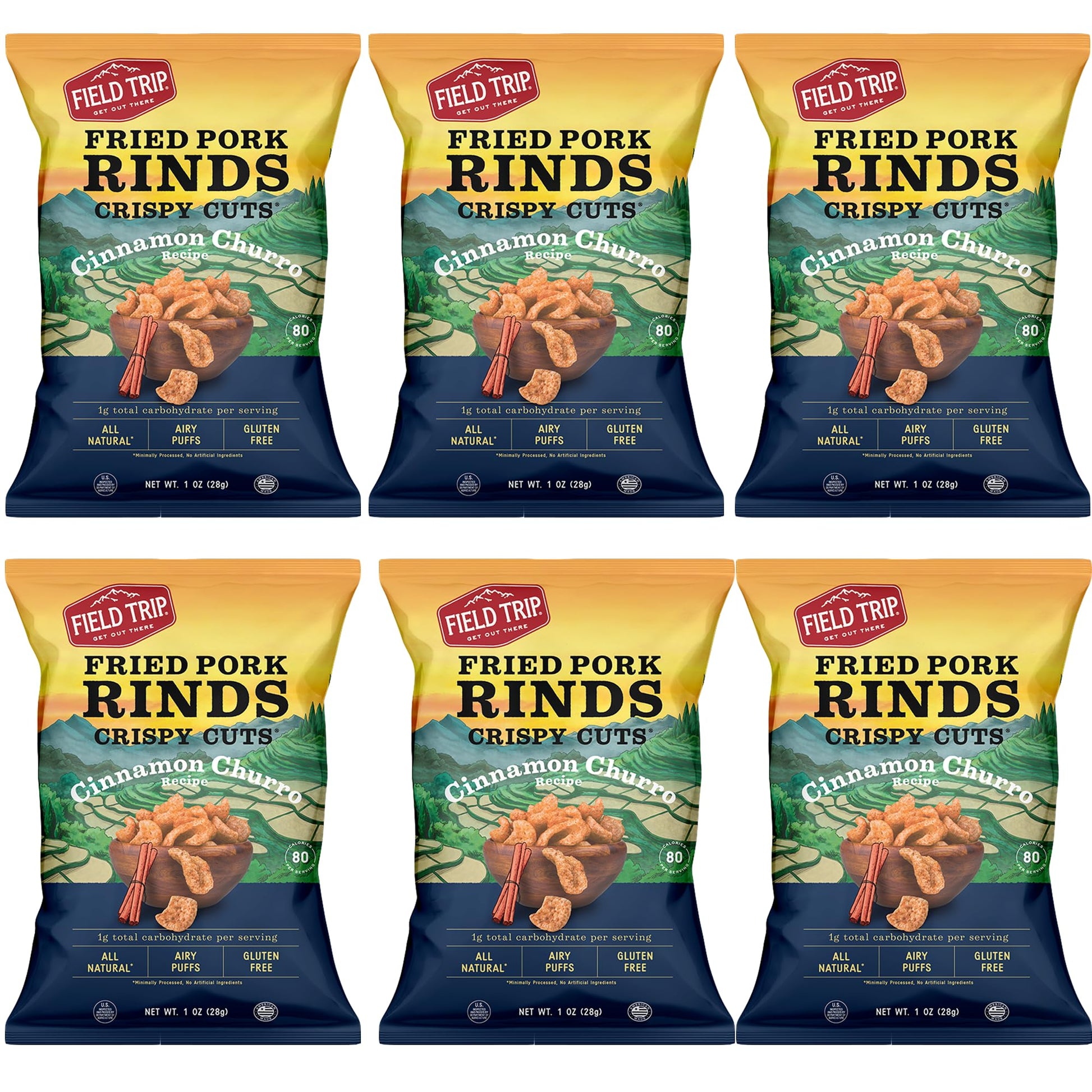 Field Trip Gluten Free Pork Rinds, Paleo And Keto Friendly Airy Puffs, Crunchy High Protein Snacks, Low Carb Snack From Back Pork Skins, 1Oz Bag, 6 Pack, Cinnamon Churro, Holiday & Christmas Gift Item