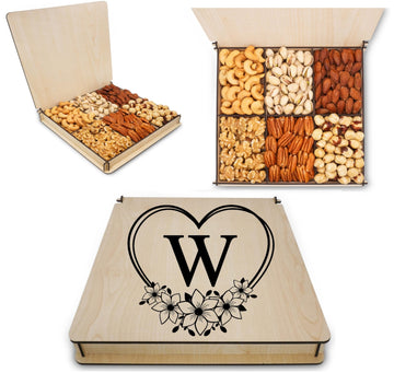 Secret Gardens Monogrammed Gift Basket - Mixed Nuts in Reusable Wooden Tray, Holiday Tray, Gourmet Assortment
