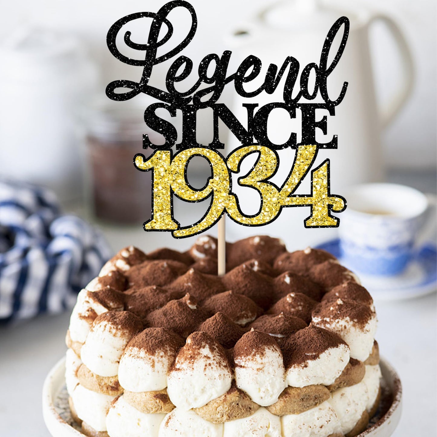 Rssta i Cake Topper, Legend Since 1934, Black Gold Glitter, 90th Birthday Decoration, Model XM398