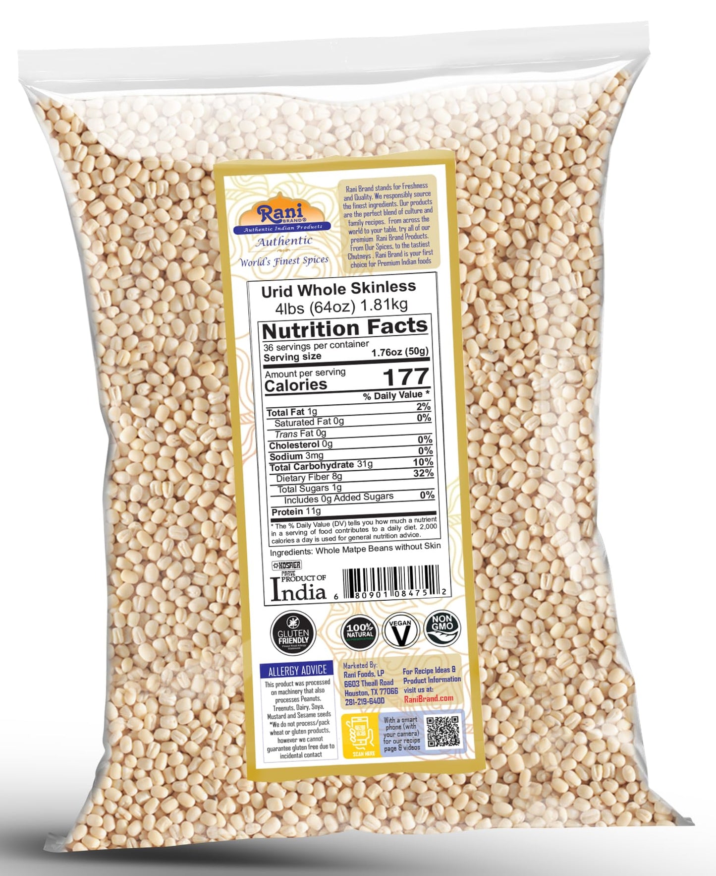 Rani Urid/Urad Gota White (Matpe Beans Skinless) Indian Lentils 64Oz (4Lbs) 1.81Kg Bulk ~ All Natural | Gluten Friendly | Non-Gmo | Kosher | Vegan | Indian Origin