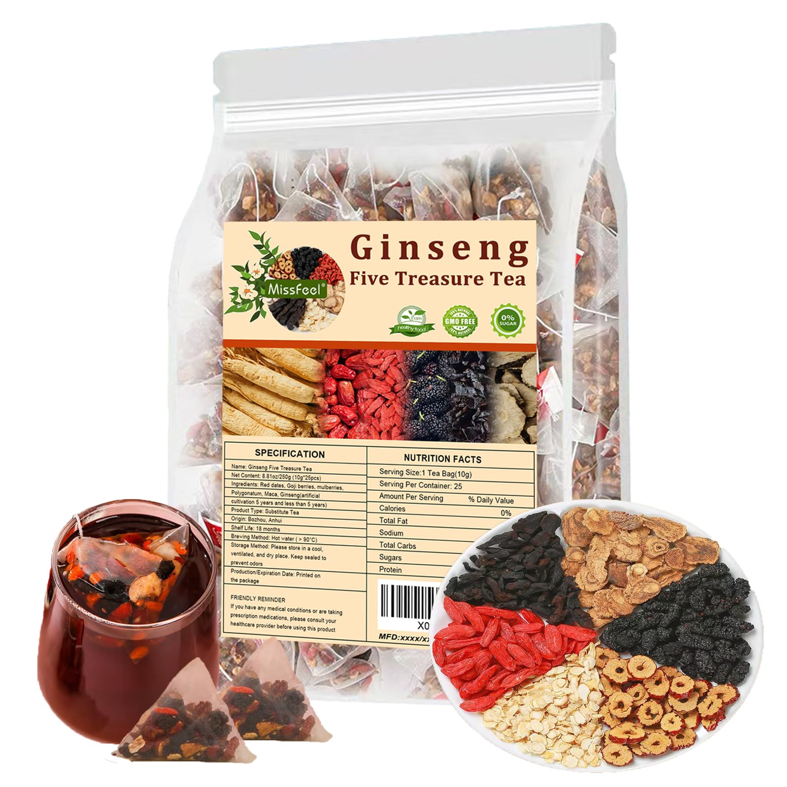Ginseng Five Treasure Tea, Kidney Tea Formula Ginseng Six Treasure, Natural kidney Detox tea for Men&Women, Organic Chinese Herb