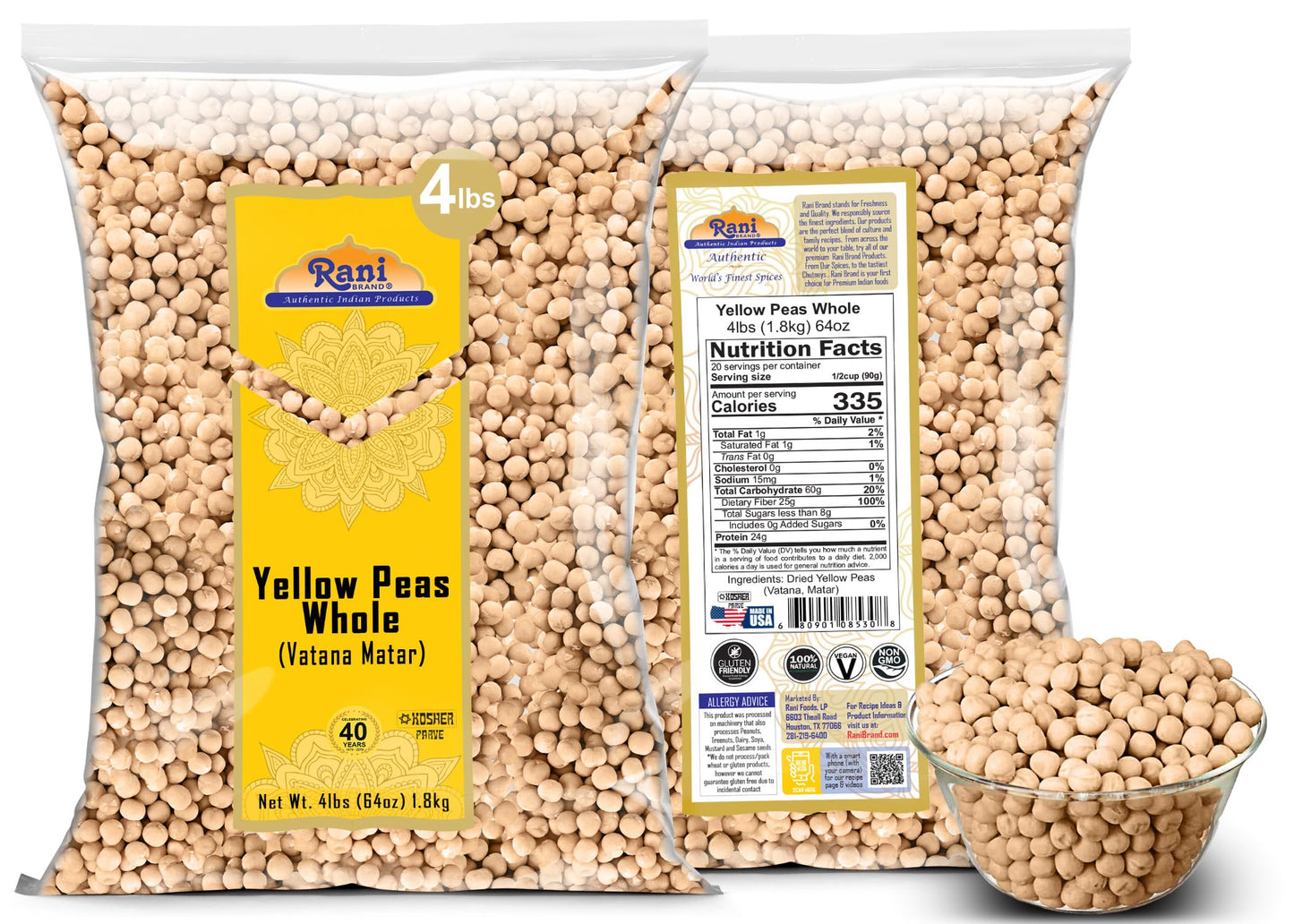 Rani Yellow Peas Whole, Dried (Vatana, Matar) 64Oz (4Lbs) 1.81Kg Bulk ~ All Natural | Vegan | Gluten Friendly | Kosher | Product Of Usa