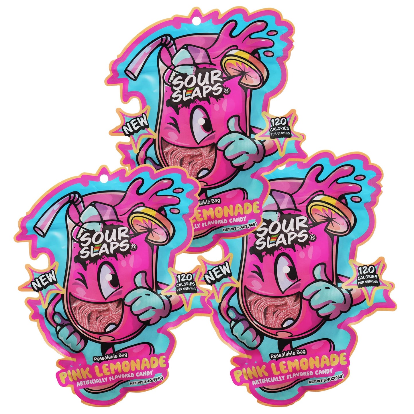 Sour Slaps Sour Candy Belts 3-Pack - Deliciously Chewy, Extreme Sour, Vegetarian, Pink Lemonade Flavor, Multi-color, Medium Size