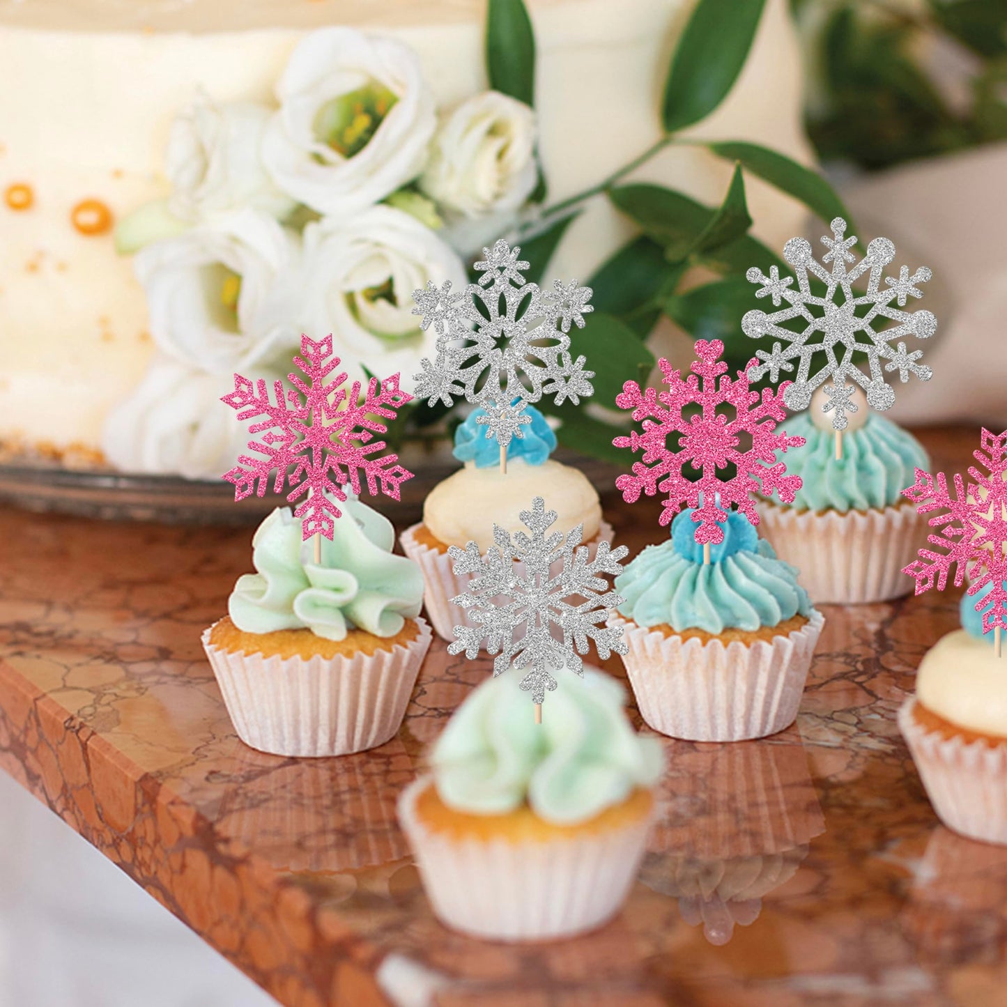 YCTHUNFISH 30 Pack Snowflake Cupcake Toppers, Glitter Paper Decorations, Winter Theme, Pink