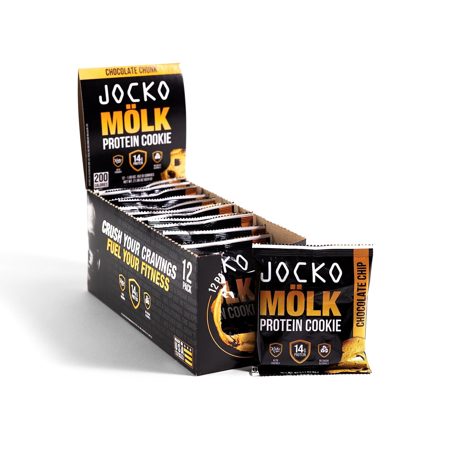 Jocko Fuel High Protein Keto Cookies - 14g Protein, 12 Pack, Chocolate Chip, 1.83 Ounce Each